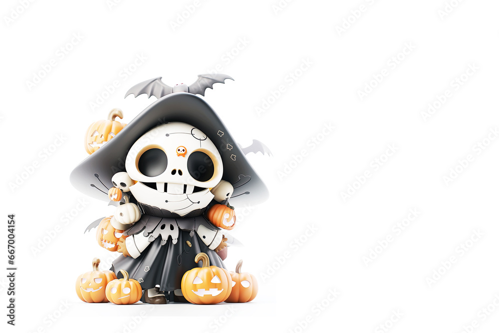 A cute Wizard girl with skull face makeup in colorful traditional dress with scary halloween pumpkins on isolated white background A cute Wizard girl with skull face makeup in colorful traditional dress with scary halloween pumpkins on isolated white background