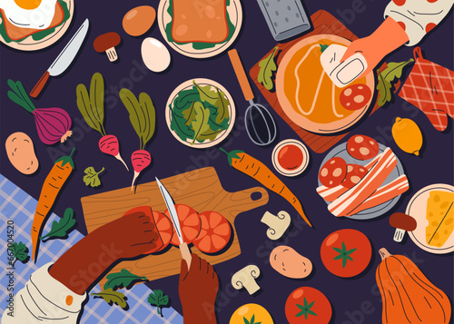 Vector background of food cooking top view. Sign or poster for restaurant menu with dish cook. Chef cooking at kitchen with meal ingredients. Cuisine and recipe, gourmet and kitchenware utensil