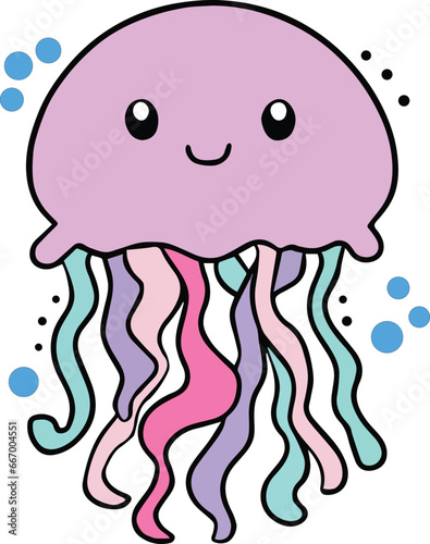 Happy smiling baby jellyfish surrounded by bubbles. Kawaii style.
