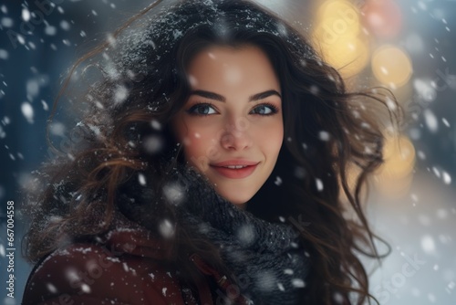 Half-length portrait of young beautiful woman in winter clothes and heavy snow  close-up of young woman in snow  winter advertising