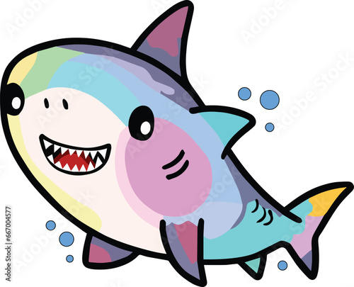 Happy smiling baby shark surrounded by bubbles. Kawaii style.