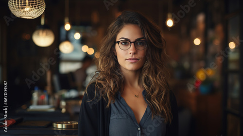 Portrait of an adult woman wearing glasses and standing in a cafe looking at camera. Customer or cafeteria owner © Sergio