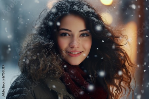Half-length portrait of young beautiful woman in winter clothes and heavy snow, close-up of young woman in snow, winter advertising