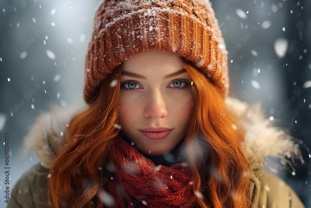 Half-length portrait of young beautiful woman in winter clothes and heavy snow, close-up of young woman in snow, winter advertising Half-length portrait of young beautiful woman in winter clothes and heavy snow, close-up of young woman in snow, winter advertising