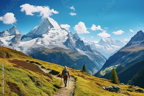 Mountain hiking european travel hiker woman hiking in swiss alps landscape background. adventure hiker