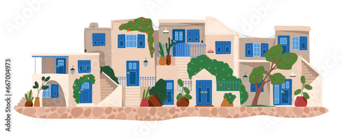 Greek city block. Vector buildings facade with green plants. Mediterranean neighborhood construction. Greece urban architecture. Landscape or panorama of town structure, cityscape. Athen, Crete