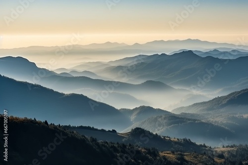 Morning haze over mountains, panoramic view. Generative AI © Isabela