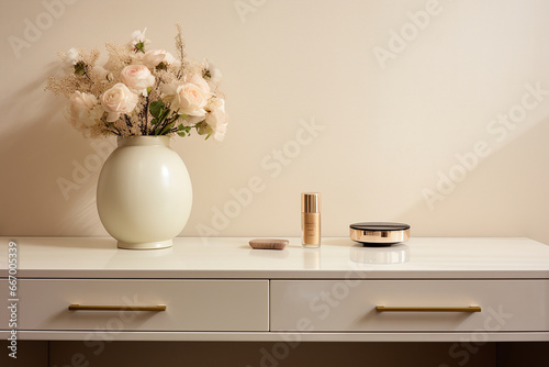 Empty modern, minimal beige dressing table, gold handle drawer storage, twig glass vase, round vanity mirror in cream wall bedroom in sunlight for luxury beauty, cosmetic, generative AI © TimosBlickfang