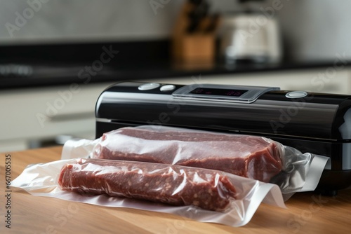 Vacuum packing sealer with meat in bag on table. Generative AI