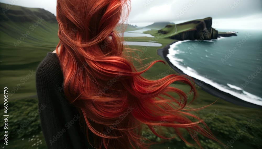 Striking auburn red hair dances in the wind as a woman overlooks the lush green cliffs that descend to a serene coastal view. 