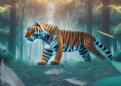 Saber-toothed tiger rendered in a geometric style set against a surreal forest background. Generative AI © Royalty-Free
