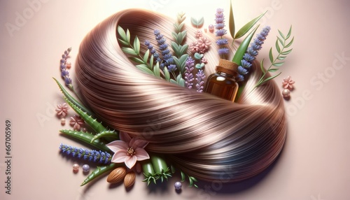 Artistic representation of lustrous hair intertwined with natural ingredients. Lavender, aloe vera, almond, and an essential oil bottle symbolize the purity and benefits of nature in hair care.