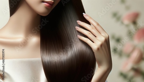 A close-up showcasing the gloss of dark, silky hair, complemented by the gentle touch of a hand with beautifully manicured nails.