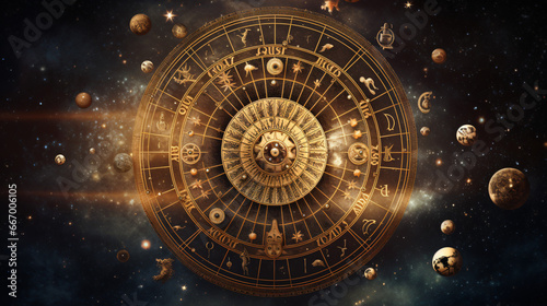 Space backdrop with a zodiac wheel photo