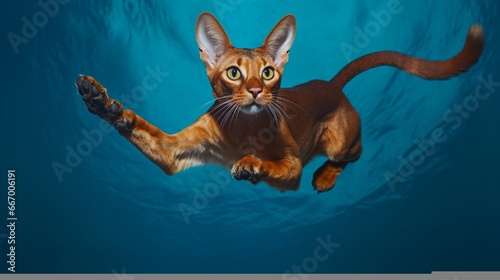 An Abyssinian cat, captured mid-leap, limbs splayed out like a starfish; contrasted by a deep azure background.