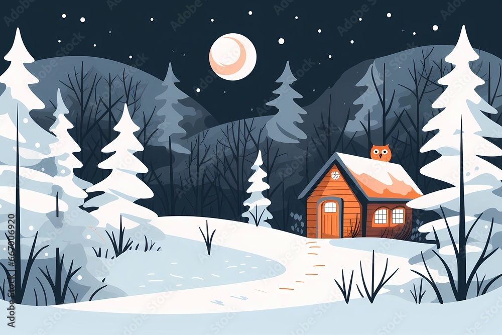 Fototapeta premium cabin in the winter forest, landscape, winter desktop background