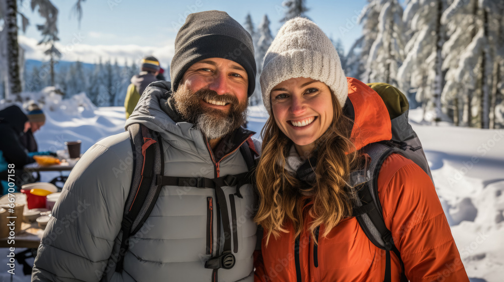 Couples snowshoeing in winter gear pausing for hot drinks and toasted sandwiches 