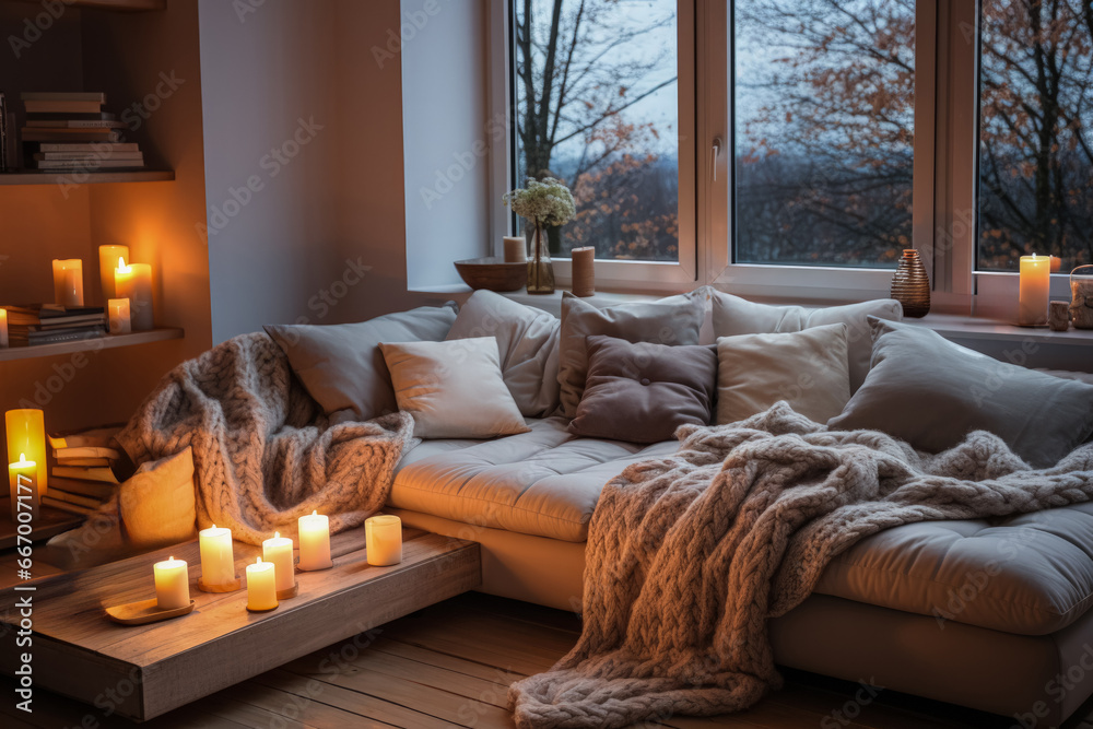 Fototapeta premium Cozy living room illuminated with soft lights and plush blankets 