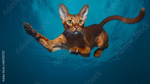 An Abyssinian cat, captured mid-leap, limbs splayed out like a starfish; contrasted by a deep azure background.