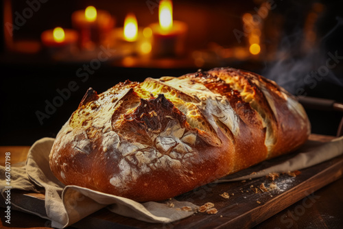 Freshly baked bread on a rustic wooden table engulfed in warmth 