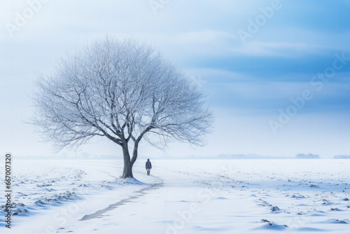Solitary figure walking in snowy winter landscape background with empty space for text 