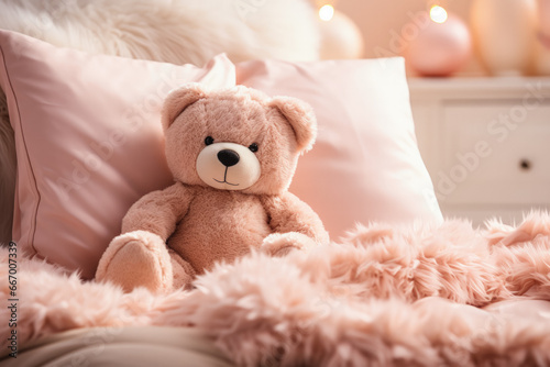 Soft plush pajamas and fluffy pillows on bed background with empty space for text 