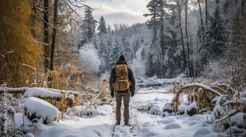 Solo wanderer embracing solitude in a serene snow-covered forest landscape 