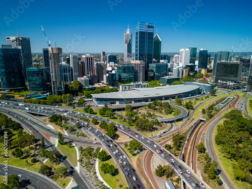 Aerial view of Perth city and highway traffic in Australia