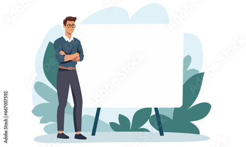 Flat vector illustration. Man standing next to banner and thinking, question mark. Concept of problem solving. Place for your text on the banner . Vector illustration