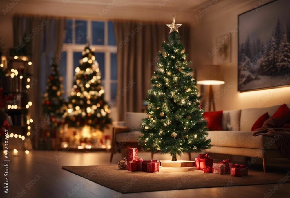 a living room with christmas trees and gifts around it, lit by candles