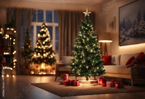 a living room with christmas trees and gifts around it  lit by candles