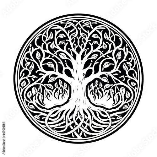 Celtic tree of life decorative Vector ornament, Graphic arts, dot work. Grunge vector illustration of the Scandinavian myths with Celtic culture.