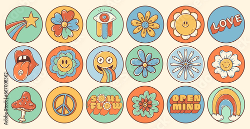 Groovy hippie 70s stickers. Sticker pack in trendy retro psychedelic cartoon style 60s. Flower power. Good vibes. Stay groovy