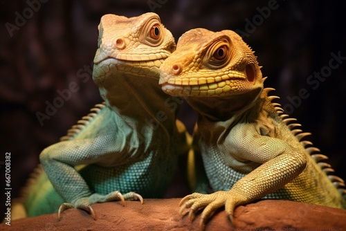 Affectionate reptile pair embracing romantically. Generative AI