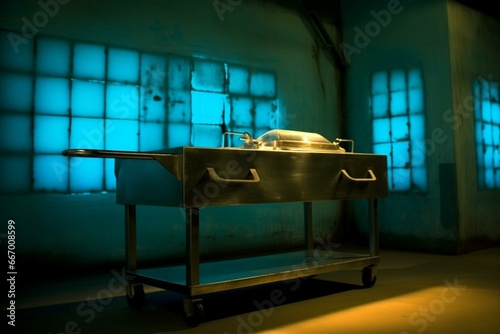 Bright light illuminating morgue autopsy table. Generative AI