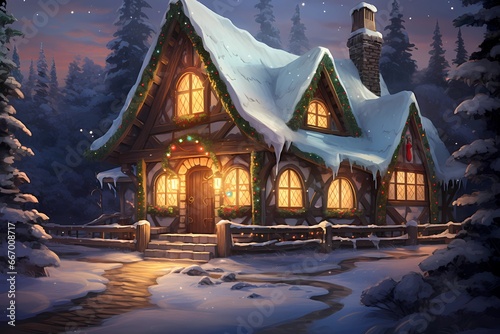 cabin in the winter forest, landscape, winter desktop background © Nikita44