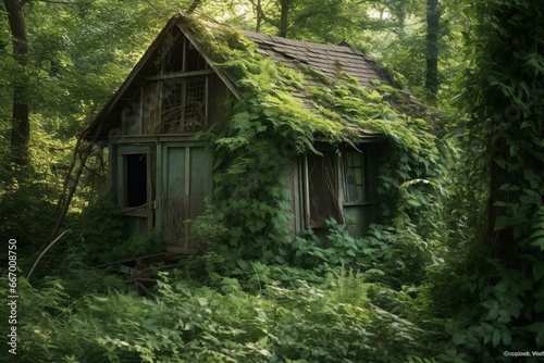 Abandoned shack covered in overgrown plants. Generative AI