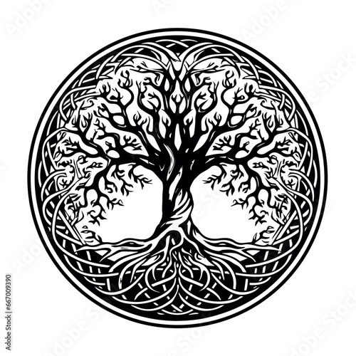 Celtic tree of life decorative Vector ornament, Graphic arts, dot work. Grunge vector illustration of the Scandinavian myths with Celtic culture.