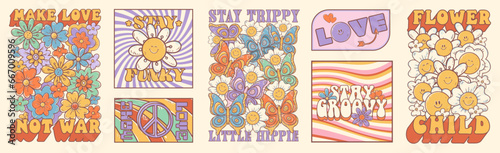 Groovy flower cartoon characters. Funny happy flowers with eyes and smile. Sticker pack in trendy retro trippy style. Hippie 60s, 70s style.