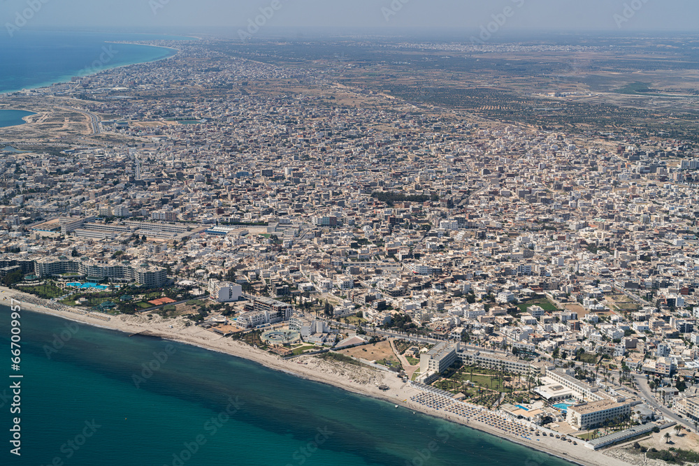 Naklejka premium Aerial view of the Tunisian coast and the city of Mahdia.