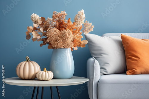 A vase with dry hydrangea and pumpkins on the table by the sofa. Autumn living room interior in blue and orange tones.