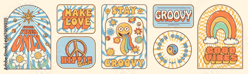 Groovy hippie 60s stickers. Funny cartoon flower, rainbow, peace, Love, smile, mushroom, eye. Sticker pack in trendy retro psychedelic cartoon style 70s. Flower power. Good vibes. Stay groovy