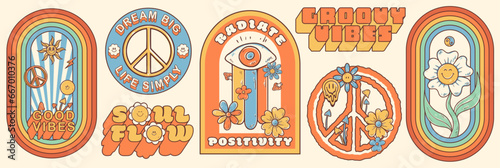 Groovy hippie 60s stickers. Funny cartoon flower, rainbow, peace, Love, smile, mushroom, eye. Sticker pack in trendy retro psychedelic cartoon style 70s. Flower power. Good vibes. Stay groovy