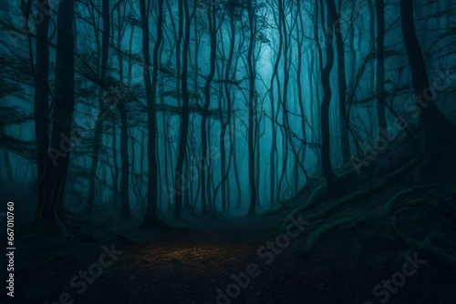 An eerie forest at twilight, twisted trees and mist, glowing eyes in the underbrush