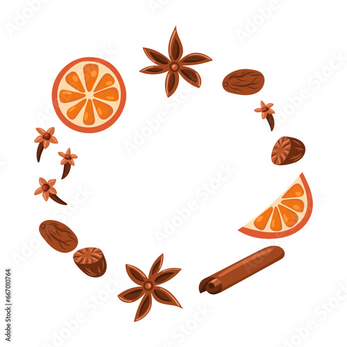 Round frame with mulled wine ingredients. Isolated vector illustration