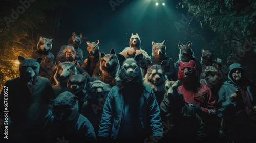 A Group of People in Animalistic Costumes Perform a Mystical Gathering in a Dark Street
