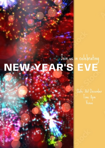 Join us in celebrating new year's eve party text over glowing fairy lights decoration