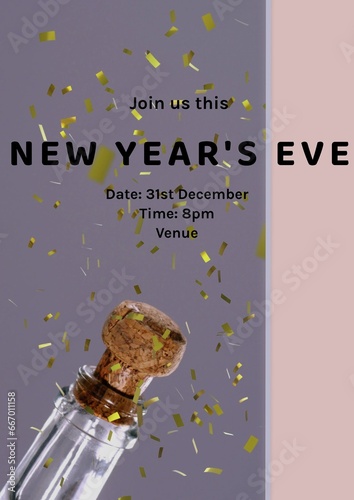 Join us in celebrating new year's eve party text with champagne bottle and confetti