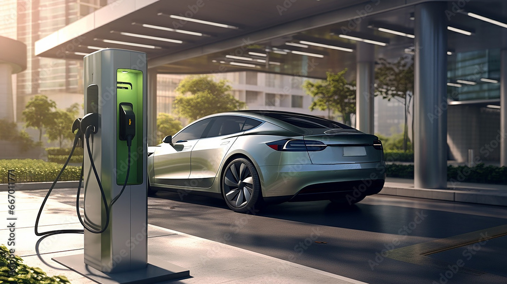 Electric Vehicle Charging Stations: A charging station with an electric vehicle connected to it