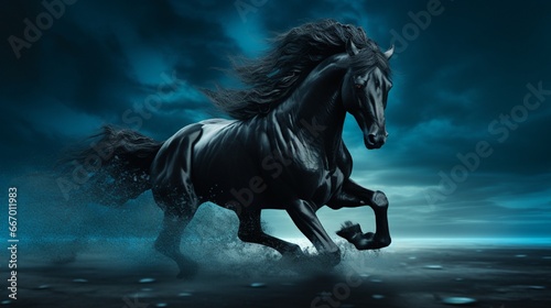 A black Mustang  sinewy muscles taut  poised to charge into gallop  finds itself juxtaposed against a cool cerulean environment.